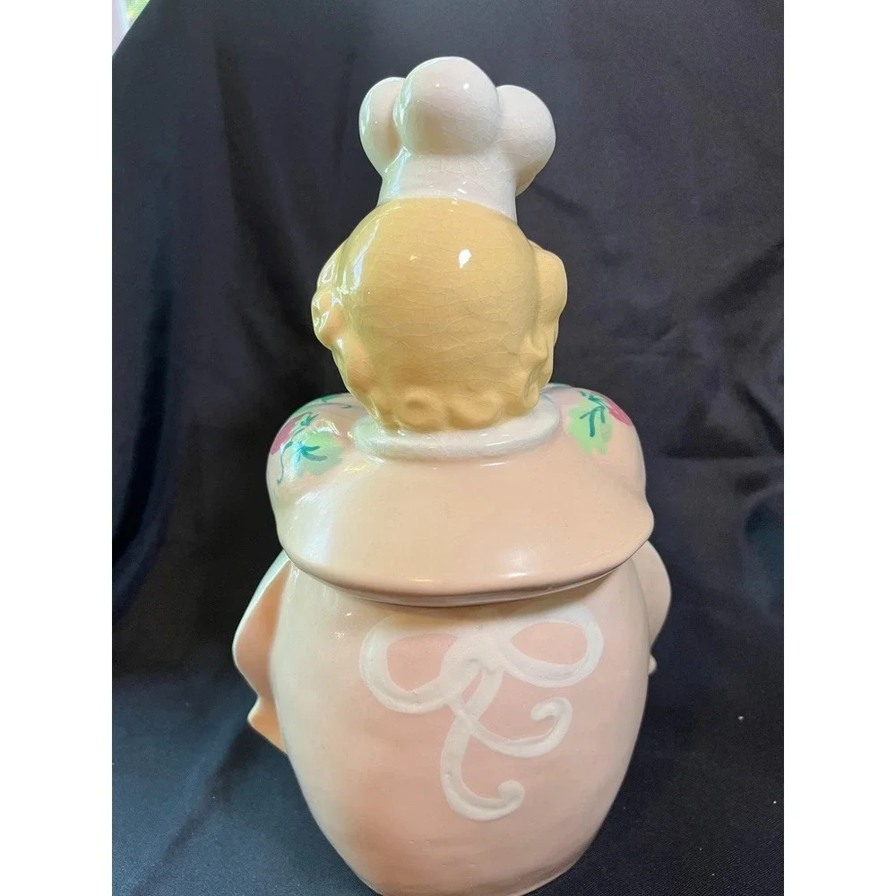 Vintage American Bisque Strawberry Girl Cookie Jar Pink Dress Hand Painted 1940s